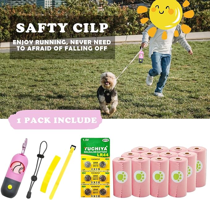 Dog Poop Bags Holder with LED Flashlight|Pet Waste Bags Dispenser for Leash|Doggie Potty Bags Container with Leak-proof Pet Trash Bags and Accessories (1 Holder 195 Bags, Pink)