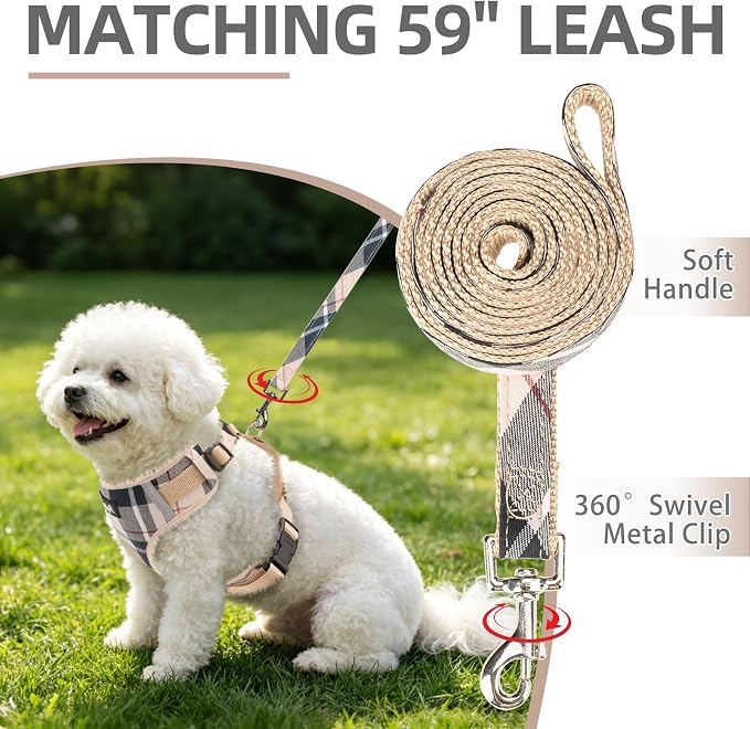 PUPTECK Dog Harness and Leash Set, No Pull Adjustable Pet Small Dog Harness, Reflective Soft Mesh Pet Vest, for Small Medium Dogs Walking, Beige Plaid, XS