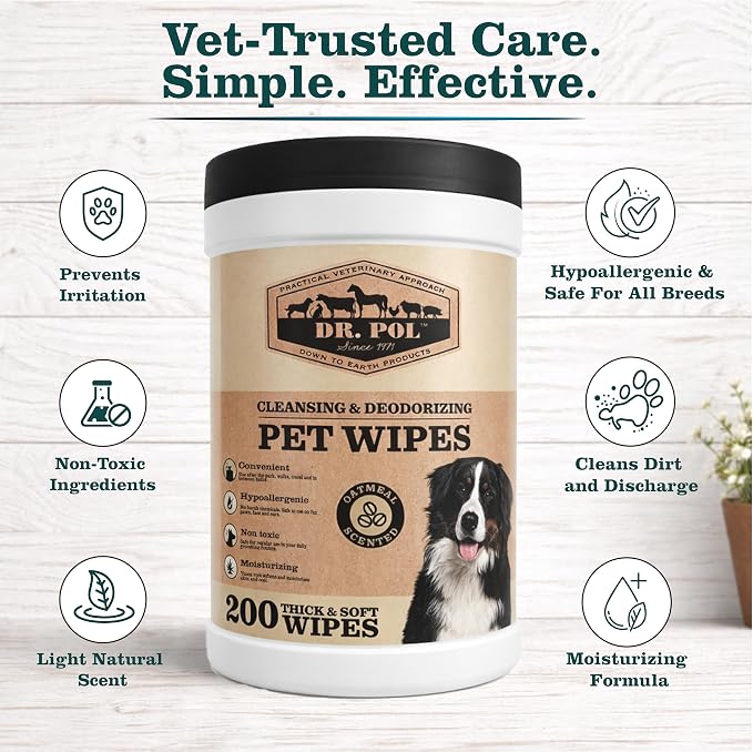 Dr. Pol Pet Cleansing Grooming Wipes Canister, 200 Count, Oatmeal Scented