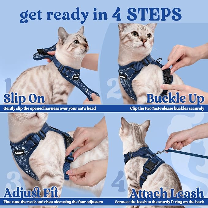 rabbitgoo Cat Harness and Leash Set, Escape Proof Vest, Cosmic Ace | Soft Breathable Mesh, Easy Adjustable Fit, Snap Buckles, Sturdy Clip, Reflective Strips, for Small & Average Cats Walks, Xs