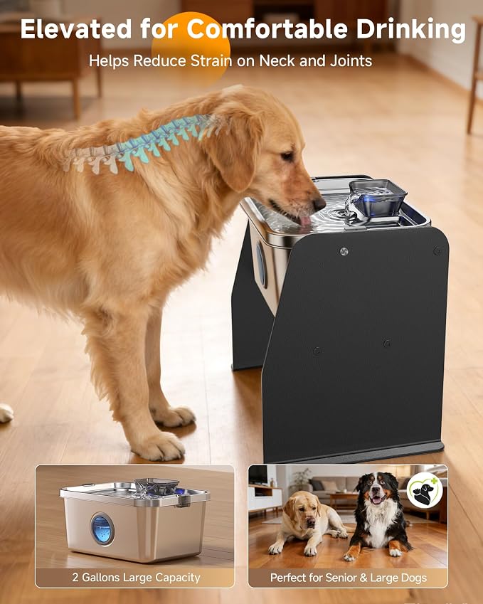 PETIMI Elevated Dog Bowl, 2 Gallon Dog & Cat Water Fountain with Stand, Large Indoor Raised Dog Bowl, Ultra Quiet Pet Fountain, Adjustable Height, Safety Lock, Anti-Tip, 3 Filters Included, Smart Pump