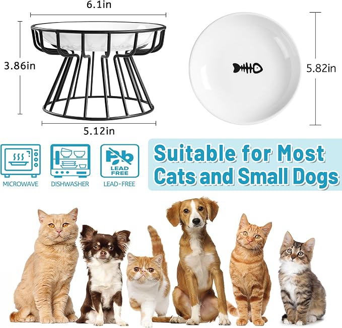 Cat Bowls, Elevated Cat Bowl, Raised Ceramic Dish with Metal Stand, Pet Water or Food Feeding Station for Indoor Cats, Kitten, Puppies and Small Dogs, Dishwasher Safe (Raised Cat Bowl(2 pack))