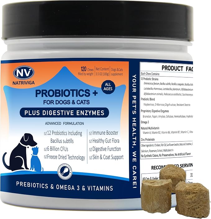Freeze-Dried Probiotics for Dogs - Support Gut Health, Itchy Skin, Allergy, Immunity, Yeast Balance - Plus Digestive Enzymes, Omega-3, Zinc & Prebiotics - Reduce Diarrhea, Gas - (Chicken, 120 Chews)
