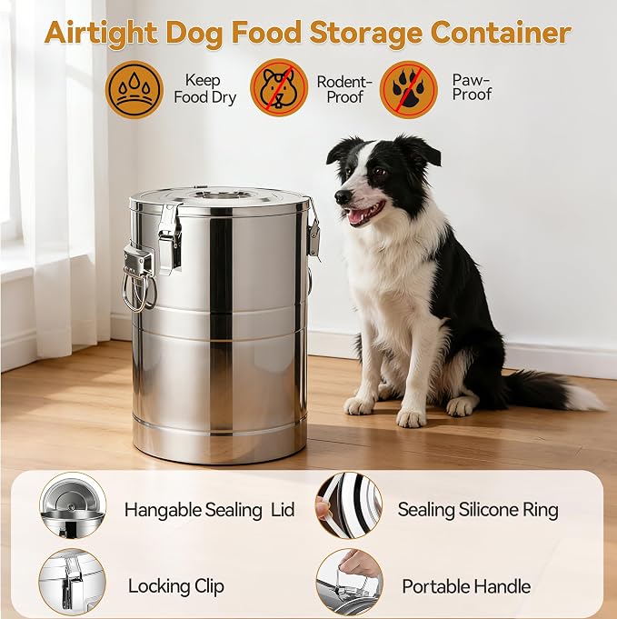 Newget 45 lb Stainless Steel Dog Food Storage Container with Scoop, 45 lb, Stainless Steel, Stainless Steel