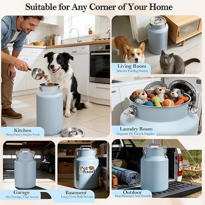 25lb Stainless Steel Dog Food Storage Container with Lid and Scoop, 25lb, Stainless Steel, Blue