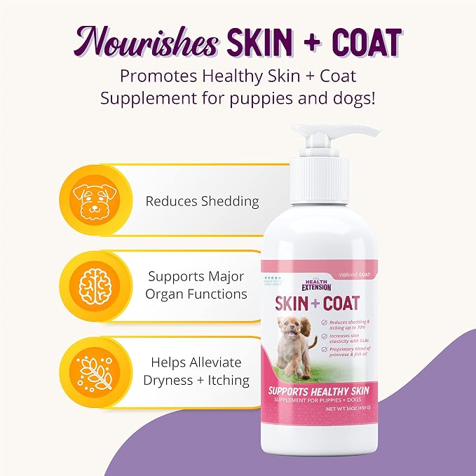 Health Extension Skin & Coat Supplement for Dogs & Puppies, 16oz - Omega 3 & 6 Rich Formula for Healthy Skin & Shiny Coat, Reduces Shedding & Itching
