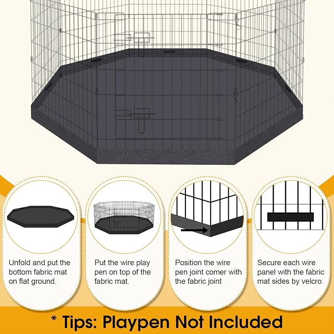 Dog Playpen Bottom Pad Cover Only, Black Replacement Floor Liner for 8-Panel 24 Inch Pet Playpen, Washable Bottom Tray Cover for Small Medium Dogs, Indoor Outdoor Use, Playpen Not Included