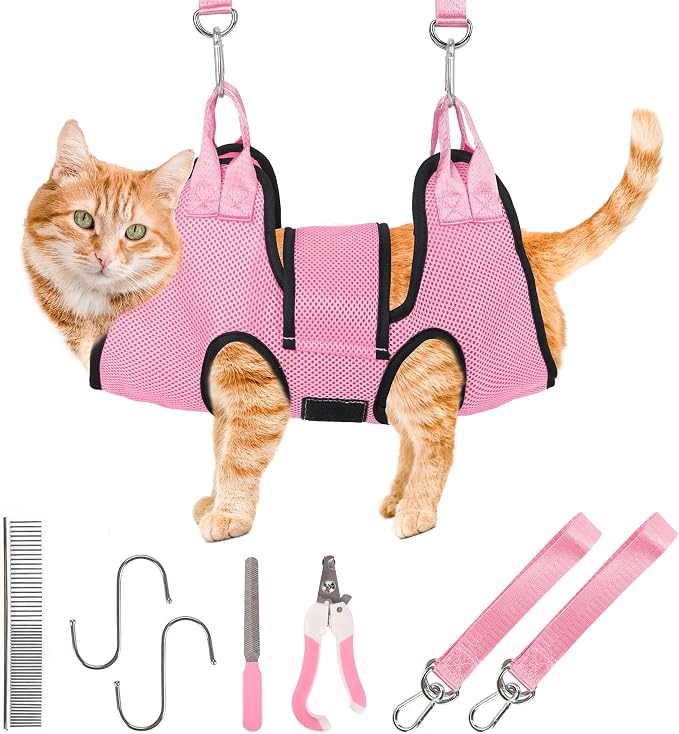 PatiencET Dog Grooming Hammock with Security Strap & Nail Clippers, Pink XS