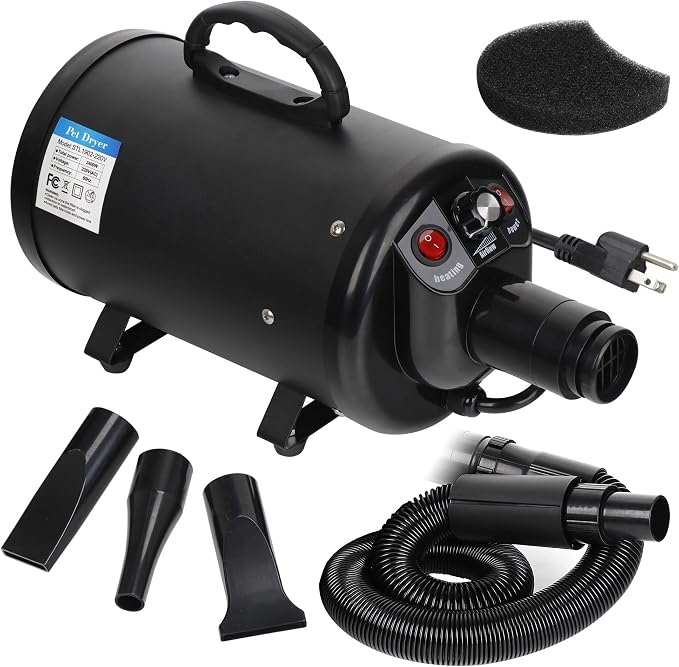 ZENY Dog Dryer, Pet Grooming Blower with Heater for Cat/Dog, 2400W Speed-Adjustable Pet Hair Dryer, with 4 Different Nozzles + 2 Filter, Black