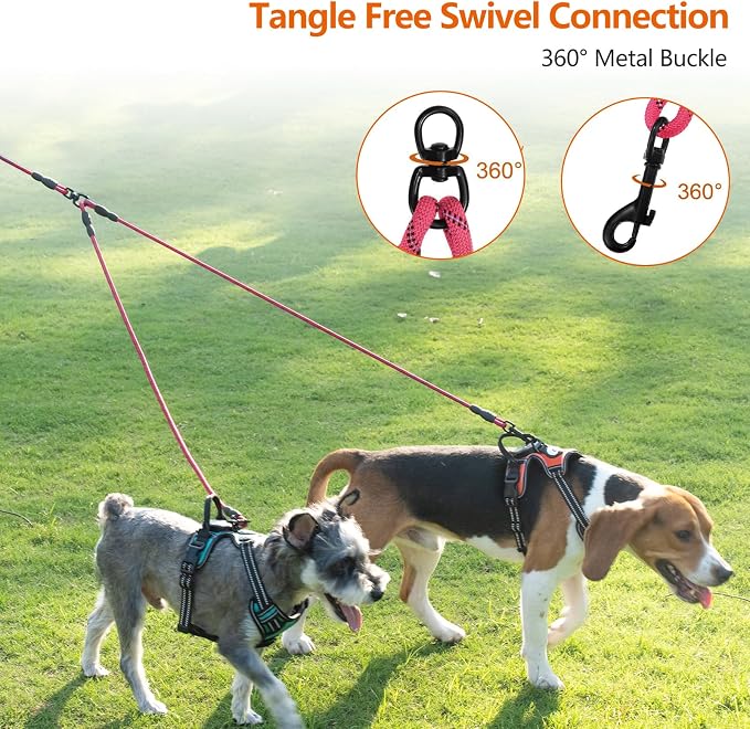 Taglory Double Dog Leash Coupler for Two Dogs, 1/3" Lightweight Dual Leash Extension for Small and Medium Dogs, No Tangle 360° Swivel, Reflective Rope, 30 Inch, Pink