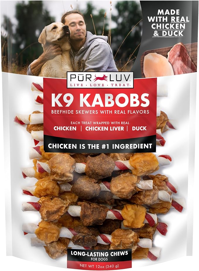 Pur Luv Dog Treats, K9 Kabobs Made with Real Chicken and Duck, 12 Ounces, Dog Snacks, Healthy, Easily Digestible, Long-Lasting, High Protein Treat, Satisfies Urge to Chew
