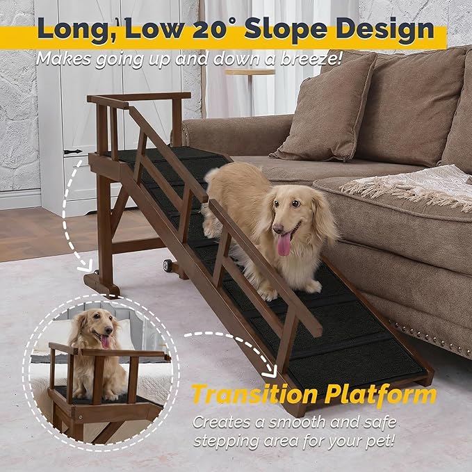 Dog Ramp for Bed or Couch, Wooden Pet Ramp with 20° Gentle Slope, Removable Side Rails, Non-Slip Surface, Top Platform & Wheels, Safe Bed Ramp for Small, Large & Senior Dogs, 60" Long, Walnut