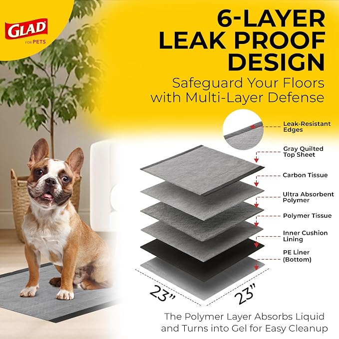 Glad for Pets Black Charcoal Puppy Pads, 23 x 23 Inch, 6-Layer Leak-Resistant Design, Activated Carbon Odor Control, Pheromone Attractant for Potty Training, 14 Count