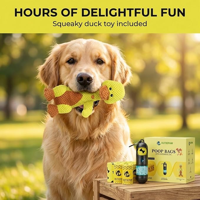 Dog Poop Bag Kit - 180 Biodegradable Lemon Scented Poop Bags for Dogs, Duck Plush Toy & Dispenser with Sanitizer - Leak Proof Extra Thick Compostable Dog Waste Bags for Eco-Friendly Walks