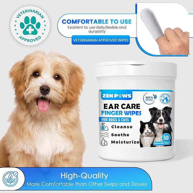 Zenpaws Dogs & Cats Ear Cleaner Finger Wipes, 50 Count