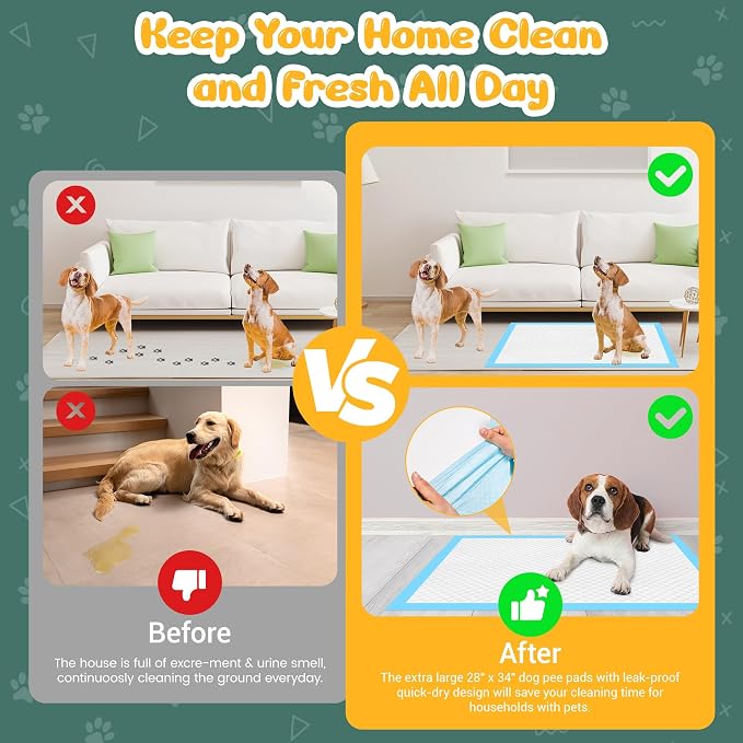 100 Count Extra Large Dog Pee Pads 28" x 34", Super Absorbent X-Large Puppy Pads Disposable Training Pads for Dogs, Quick Drying Leak-Proof Dog Potty Pads for Doggies Puppies
