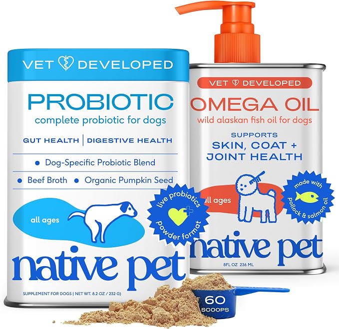 Native Pet Omega 3 Fish Oil for Dogs 8Oz & Probiotics for Dogs 8.2Oz Powder Food Topper - Fish Oil & Dog Probiotic Powder - Supports Skin, Coat, Gut Health, Heart & Digestion - Vet Formulated