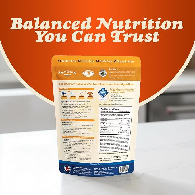 CLEAR CONSCIENCE PET® Arfredo SuperGravy® Dog Food Topper Hydration Broth Mix Greek Yogurt Cheese Blend Kibble Seasoning Probiotics Prebiotics Enzymes Taurine, 2.1 oz. 14 Scoops All Life Stage