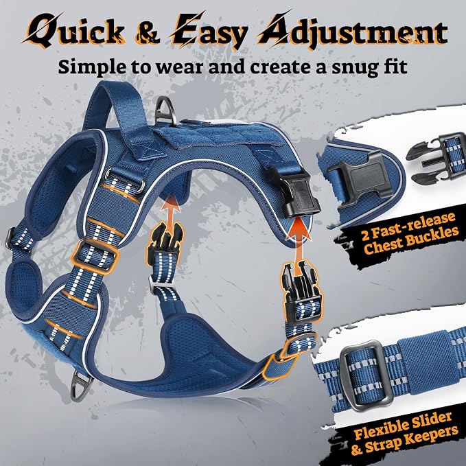 rabbitgoo Tactical Dog Harness Medium Sized, No Pull Service Pet Vest | Military Molle System & Easy Control Handle, Adjustable and Reflective for Walking and Training, Blue, Medium