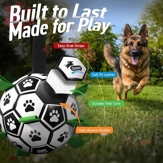 QDAN Large Dog Toys, Soccer Ball for Dogs with Straps, 9 Inch Big Dog Ball | Training Soccer Balls for >90 lbs Dogs, Giant Herding Ball for Dogs, Interactive Water Pool Toys for Tug Chase, Dog Birthday