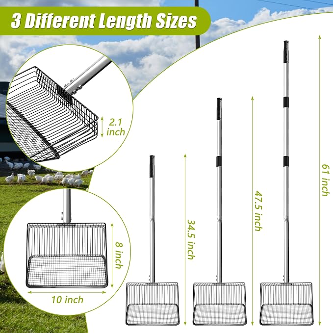 Windspeed 3 in 1 Metal Chicken Poop Scooper 10'' Wide, 61'' Long Adjustable Chicken Coop Pooper Scoop Sifting Shovel Litter for Poultry Litter Scooper Supplies (34-61 in)
