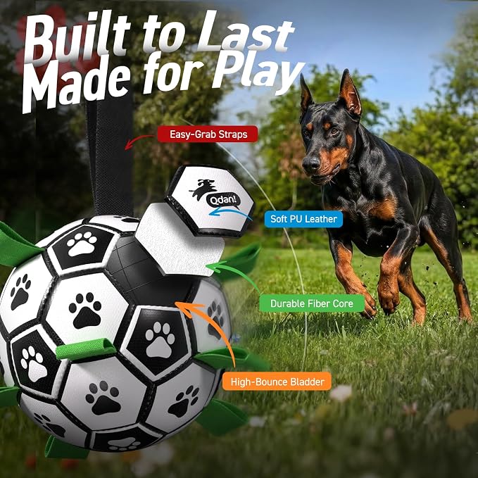 QDAN 10 Inch Gaint Dog Soccer Ball with Straps, Durable Large Dogs Balls | Outdoor Big Dog Toys, Herding Balls for Large Dogs, Puppy Toy for >100 lbs Dogs, Interactive Training Soccer, Pool Water Toy