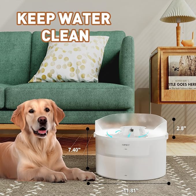 NPET Dog Water Fountain,270oz/2Gallon/8L Anti Splash Automatic Pet Drinking Fountain Super Quiet Water Feeder with Replacement Filters Easy to Clean(semi-White)