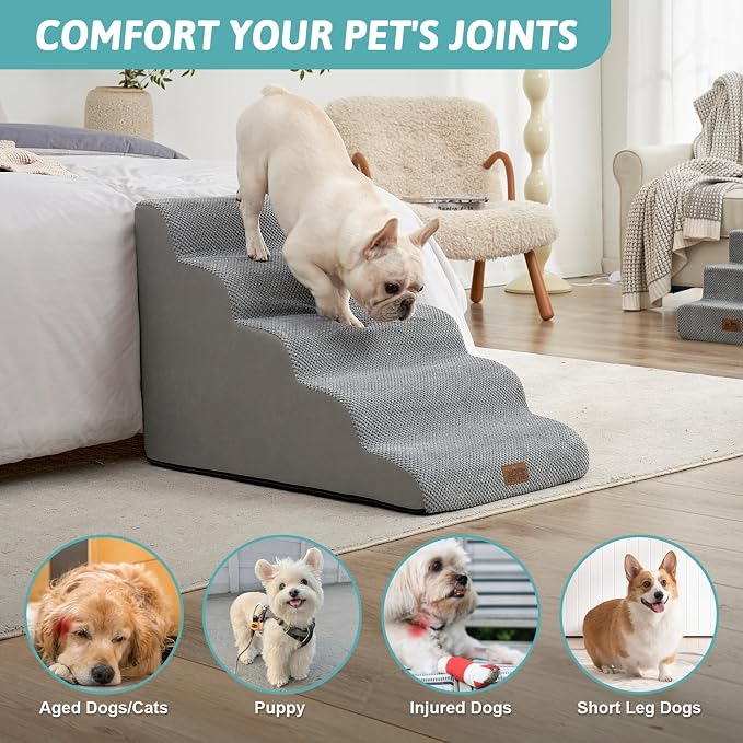 COZY KISS Extra Wide Dog Stair for Small Dog, 5 Step Pet Ramp for Bed | Curved Stable Dog Step for Puppy, Older Cat, Senior, Medium, Short-Legged Dog, Non-Slip Ladder for High Bed, 22.4" H, Grey