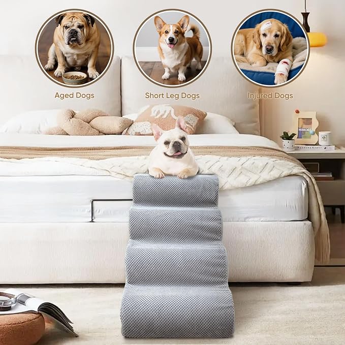 PAWSCRAT Pet Stairs for Dogs 5-Step, 22.8" H Pet Stairs for High Bed, Couch Sofa & Chair, 30D Material Soft Foam Dog Steps with Non-Slip Bottom Surface Removable Washable Cover, LightGrey