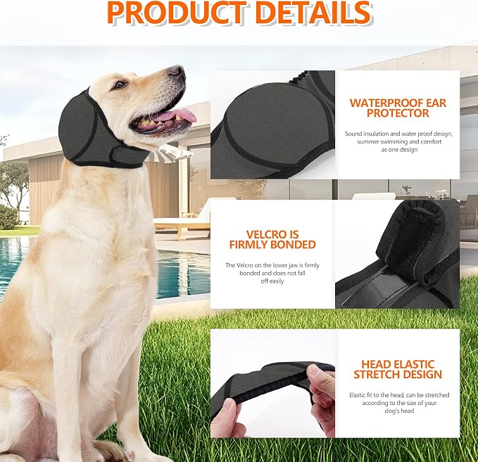 Waterproof Dog Bath Ear Covers & Calming Dog Snood – Aimosheng Reusable, Adjustable Anxiety Relief for Swimming, Grooming, Thunder & Fireworks Gray L