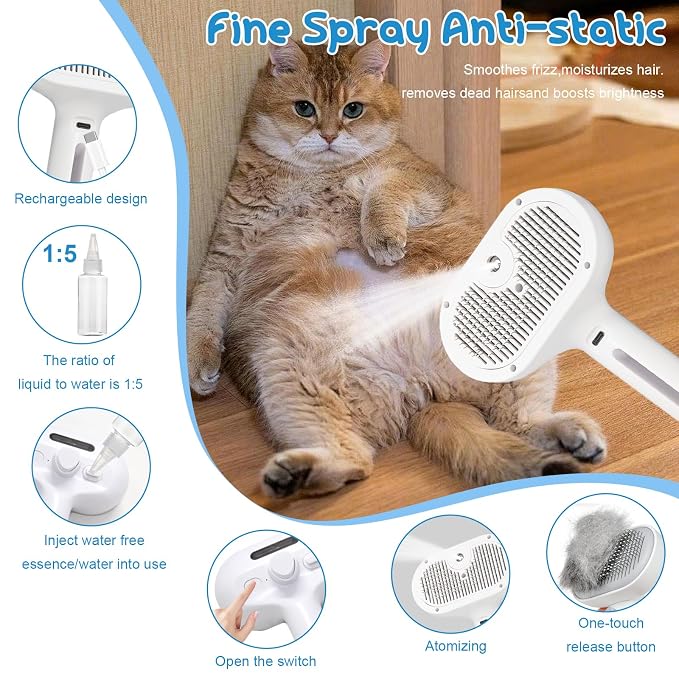 Pet Steam Brush for Cats & Dogs, Cool Mist Self-Cleaning Comb, White | Cool mist pet brush with self-cleaning hair release, stainless steel bristles and 120ML grooming essence for cats and dogs