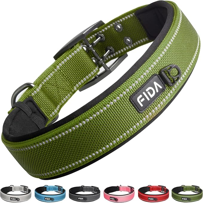 Fida Heavy Duty Dog Collar for Large Dogs with Metal Belt Buckle, Green | 1.5" Width, Soft Neoprene Padded, Thicker Nylon Webbing, Adjustable Fit, Reflective Stitching for Night Safety