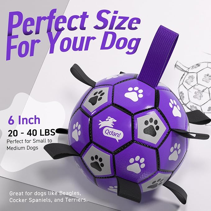 QDAN Dog Toys Soccer Ball with Straps - Dog Water Toy, Puppy Birthday Gifts, Durable Dog Balls for Small Medium Dogs （6 Inch） | 6 Inch Herding Ball for Small Dogs, Puppy Toy, Outdoor Toys Balls to Keep Them Busy, Dog Birthday Gift, 20-40 lbs Dogs