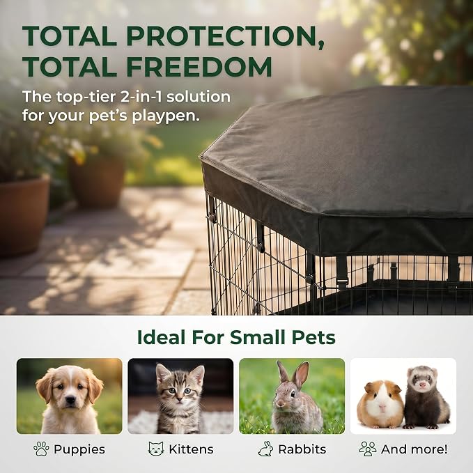 PJYuCien 2-in-1 Octagonal Dog Playpen Pad, 24" Side Waterproof Bottom Liner Escape-Proof Top Cover, 600D Oxford with Snap Hooks for Puppy Small Animals, Black