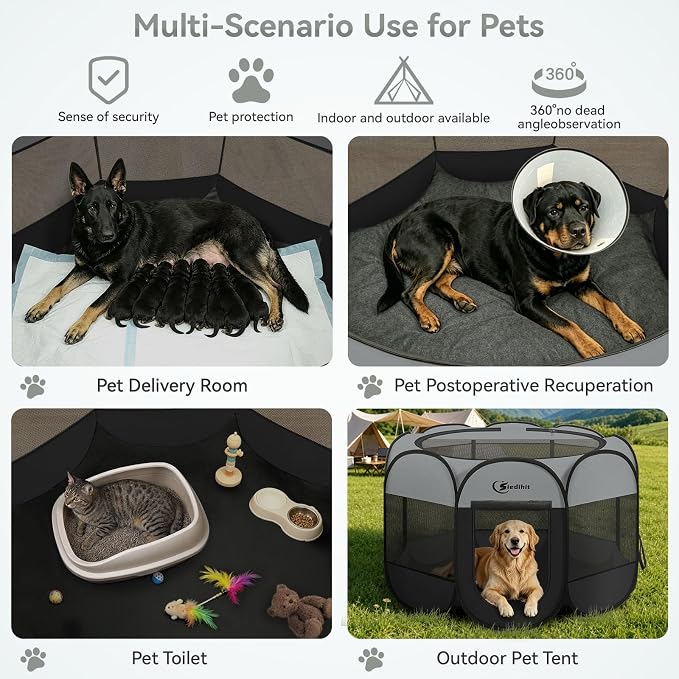 Siedihit Playpen for Extra Large Dog Cat, Dogs Tent Crate Cage Indoor/Outdoor, Portable Pop Up Dog Kennel with Carrying Bag for Rabbits, Removable Top (Dark Grey, Extra Large)