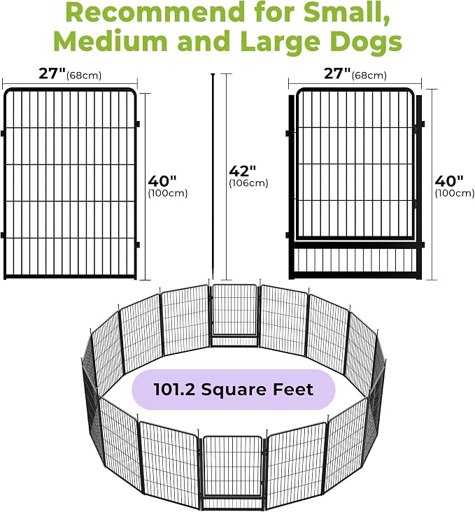 SunsGrove Dog Playpen Outdoor, 40 inch 16 Panels with Wider Door for Medium and Large Dogs, Free and Safe Play Dog Fence Indoor, Black