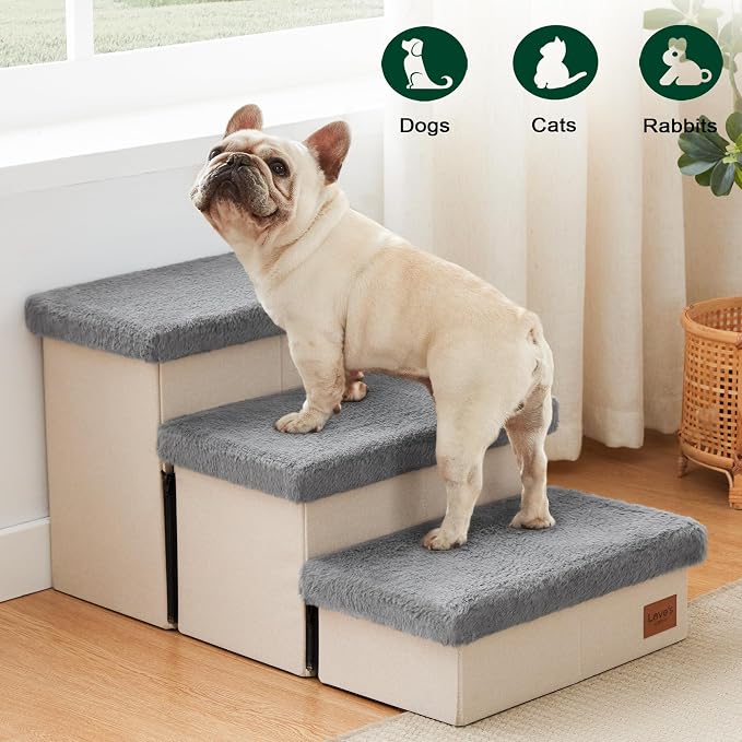 Love's cabin Dog Stairs for High Bed 18" H, 3 Steps with Furry Lids Pet Stairs for Small Medium Large Dogs, Foldable Cat Ramp with Zip up to 200 lbs, Grey