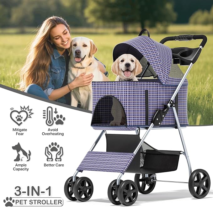 MoNiBloom 3-in-1 Foldable Pet Stroller - Plaid, up to 33lbs