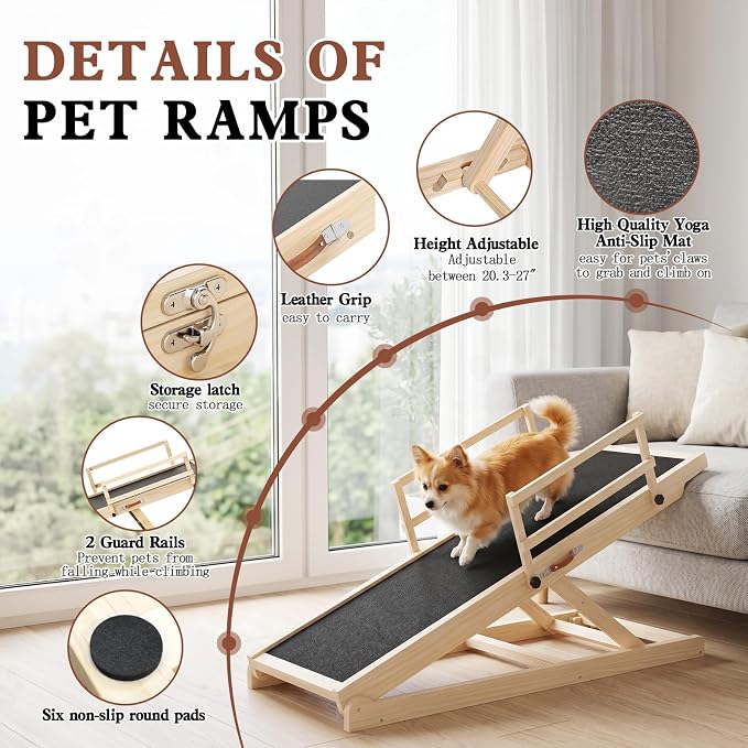 Dog Ramp for High Bed, Couch, Car, Pet Ramps 47" Long Adjustable 6 Height from 20.3"-27" Wooden Dog Step with Anti-slip Yoga Mat & Safety Side Rails for Small Medium Older Pets, up to 200 lbs