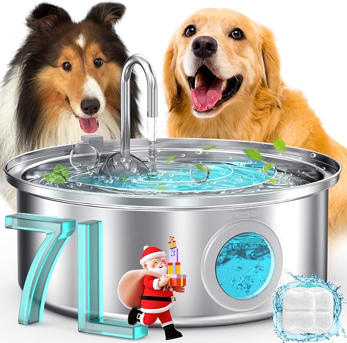 oneisall Dog Water Fountain,7L/230oz Pet Fountain Stainless Steel with Visual Water Level,Ultra-Quiet Water Bowl with 5-Stage Filtration for Large/Medium Dogs,Dispenser for Living Room Kitchen