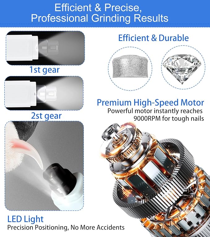 Electric Dog & Cat Nail Grinder with 2 LED Lights, 30dB Quiet, White