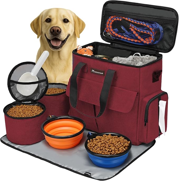 Airline Approved Pet Travel Bag Weekend Set with Food Containers & Bowls, Rose Red