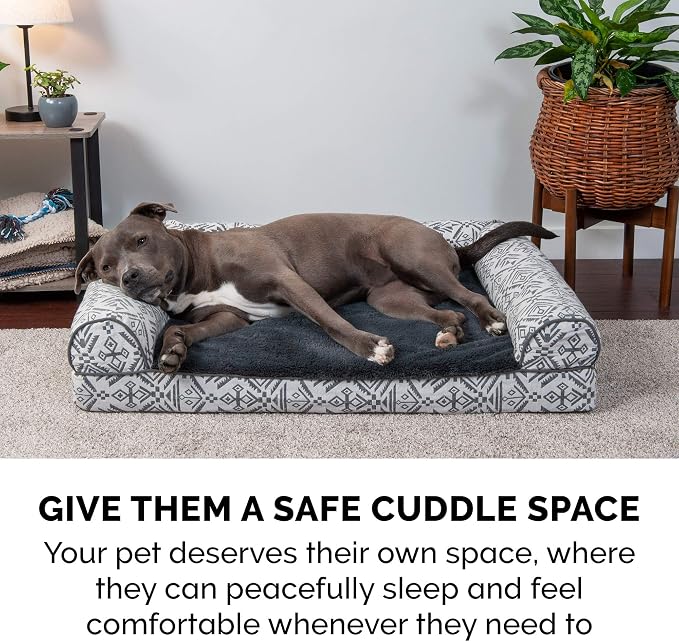 Furhaven Memory Foam Dog Bed for Large Dogs w/ Removable Bolsters & Washable Cover, For Dogs Up to 125 lbs - Plush & Southwest Kilim Woven Decor Sofa - Boulder Gray, Jumbo Plus/XXL