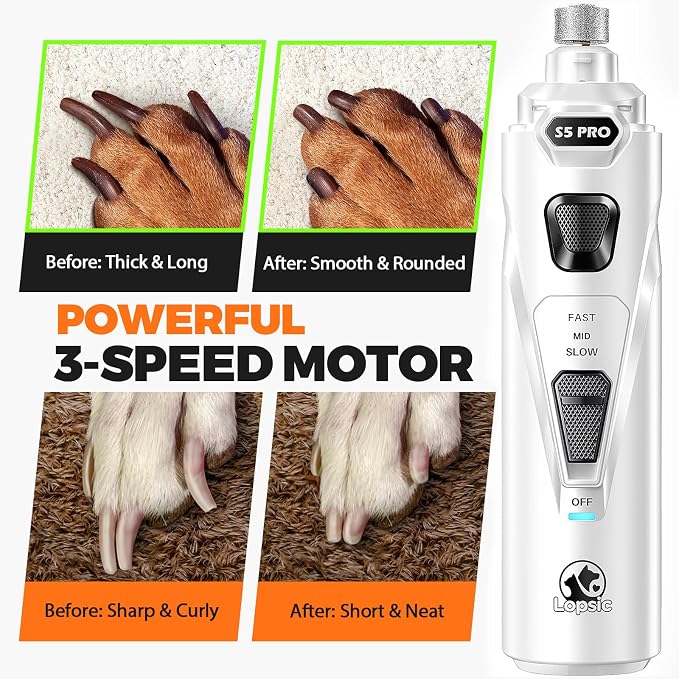 Whisper Quiet Dog Nail Grinder with 4 LED Lights, 3-Speed, White