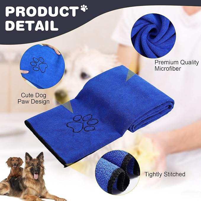 Chumia 4 Pack Dog Towels for Drying Large Microfiber Grooming Tools Absorbent Soft Bath Supplies with Embroidered Paw for Small Medium Pet Products(30 x 50 Inch,Blue)