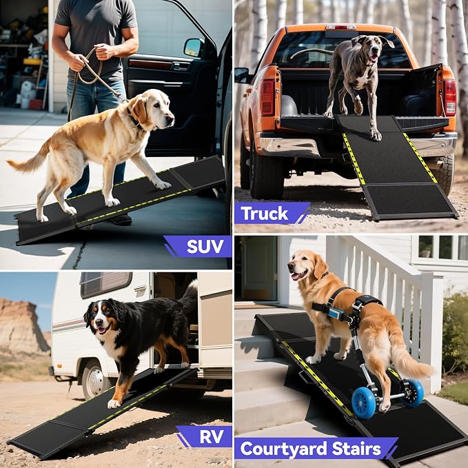 Pawaboo 74" L & 20" W Longest Dog Ramp for Car Foldable | Extra Wide Portable Pet Dog Ramps for Large Dogs, Dog Car Ramp for SUV/Truck/RV, Lightweight Ramps with Non-Slip Mesh, Black