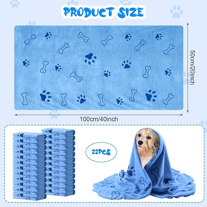Tatuo 22 Pcs Dog Towels for Drying 20 x 40 Inch Pet Bath Towels Absorbent Microfiber Towel Quick Drying Puppy Bathing Supplies for Small Medium Large Dog Puppy Cat(Blue,Bone Pattern)