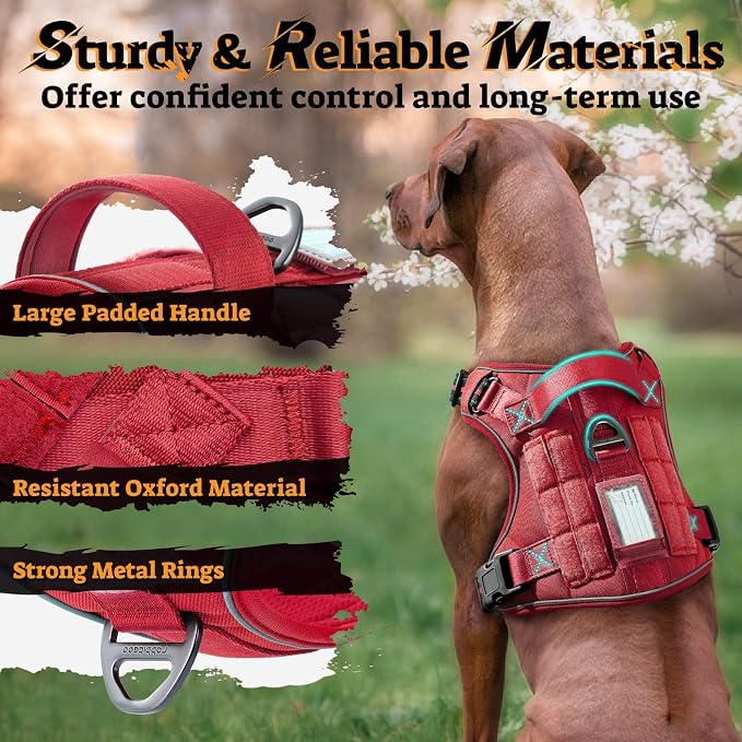 rabbitgoo Tactical Dog Harness for Large Dogs, No Pull Service Pet Vest | Military Molle System & Easy Control Handle, Adjustable and Reflective for Walking and Training, Red, Large