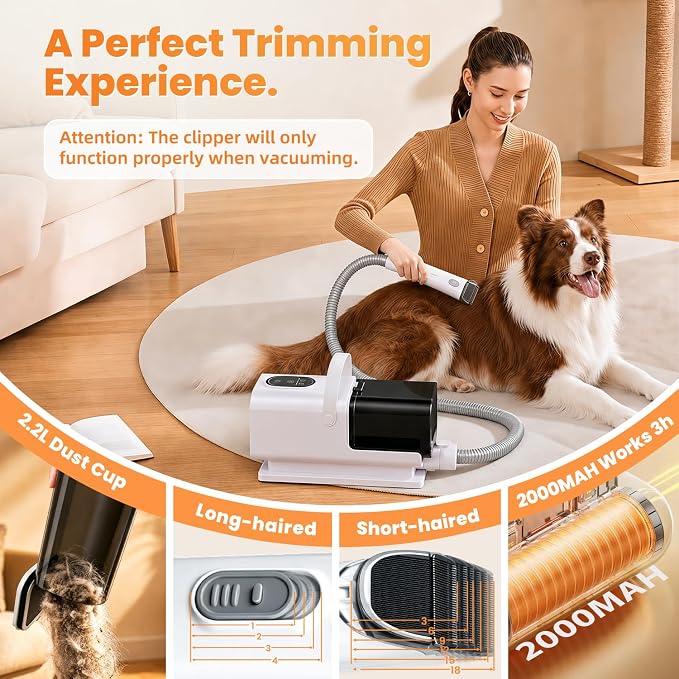 8-in-1 Dog Vacuum & Dryer Grooming Kit with Clipper, 3-Level Adjustable Speed & Temp,12000Pa Dog Vacuum for Shedding Grooming, 2.2L Dust Cup, 4.9ft Hose