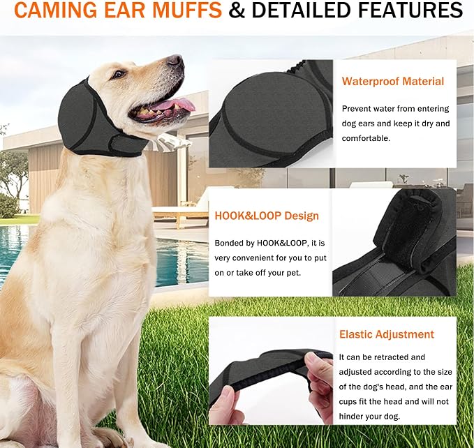SEIS Calming Dog Ears Cover, Swimming Waterproof Pet Ear Caps, Large Dog Shower Cap for Ear Protection for Bath for Grooming (Gray, L (Head Circumference 18"-24"))